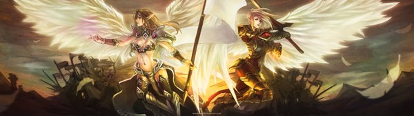 Anime picture 7113x2000 with league of legends morgana (league of legends) kayle (league of legends) monori rogue long hair highres breasts blue eyes blonde hair brown hair wide image multiple girls holding yellow eyes bent knee (knees) lips pointy ears bare belly angel wings white wings