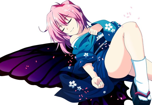 Anime picture 1200x835 with touhou saigyouji yuyuko shijimi-sama single short hair light erotic simple background smile white background pink hair eyes closed japanese clothes insect wings butterfly wings girl belt kimono