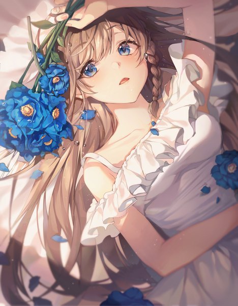 Anime picture 900x1153 with original ttosom single long hair tall image looking at viewer blush fringe open mouth blue eyes brown hair holding upper body lying braid (braids) arm up blurry off shoulder on back dutch angle