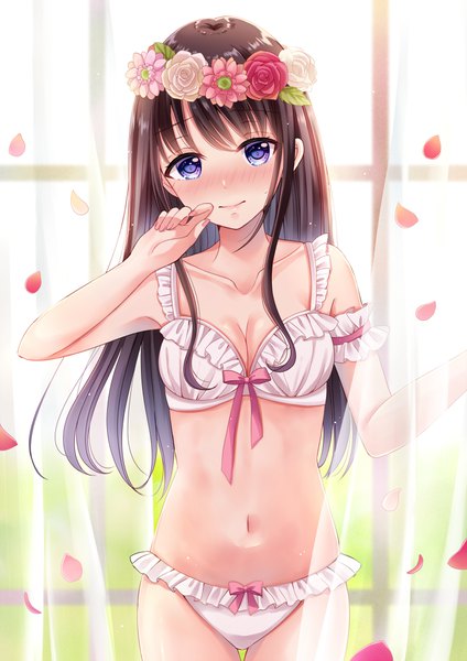 Anime picture 699x990 with original sakura hiyori single long hair tall image looking at viewer blush fringe breasts light erotic smile brown hair standing purple eyes bare shoulders payot indoors fingernails bare belly underwear only