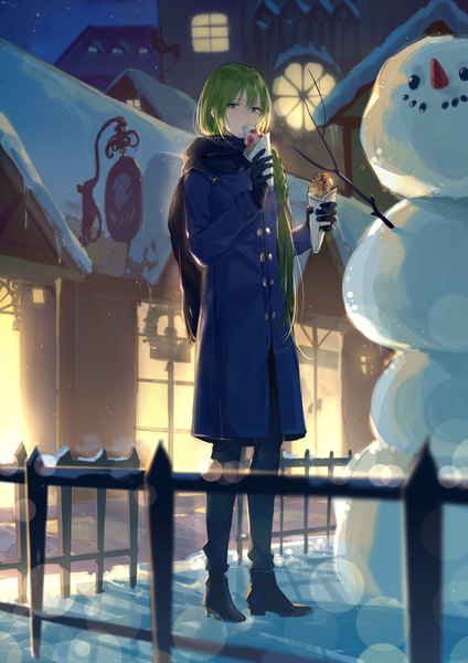 Anime picture 1448x2048 with fate (series) fate/strange fake enkidu (fate) rrr (reason) single long hair tall image standing full body braid (braids) green hair blurry single braid light winter snow eating androgynous boy gloves