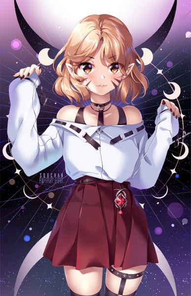 Anime picture 809x1250 with original squchan single tall image looking at viewer blush fringe short hair breasts hair between eyes brown hair standing bare shoulders brown eyes signed long sleeves nail polish parted lips pleated skirt fingernails