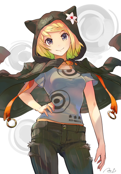Anime picture 1500x2147 with original m.b single tall image looking at viewer blush fringe short hair breasts blonde hair smile standing brown eyes green eyes signed head tilt multicolored hair open jacket hand on hip torn clothes
