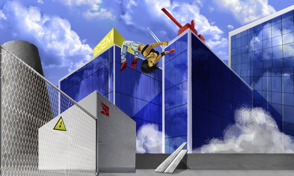 Anime picture 3000x1800 with mirror's edge faith connors air monger single highres short hair black hair wide image looking away sky cloud (clouds) full body outdoors black eyes jumping girl shoes building (buildings) pants fence