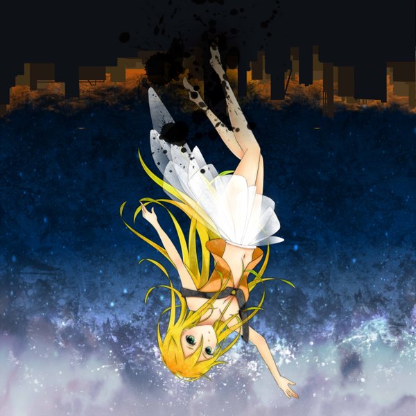 Anime picture 2800x2800 with vocaloid lily (vocaloid) single long hair looking at viewer fringe highres blonde hair bare shoulders barefoot bare legs alternate costume legs sleeveless multicolored eyes falling girl skirt navel