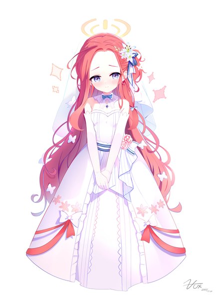 Anime picture 3534x4898 with blue archive yuzu (blue archive) zcx single tall image blush highres blue eyes simple background white background absurdres full body red hair very long hair loli embarrassed one side up girl dress gloves