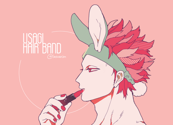 Anime picture 900x651 with one piece toei animation eustass kid lasvation single short hair simple background red eyes signed animal ears red hair nail polish profile bunny ears twitter username lipstick fake animal ears pink background red lipstick red nail polish