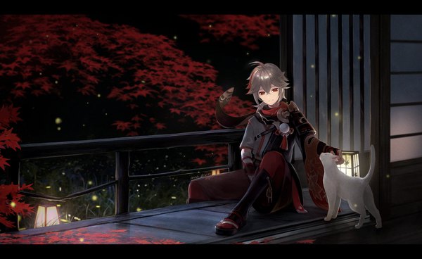 Anime picture 4538x2782 with genshin impact kaedehara kazuha anna (drw01) single fringe highres short hair smile hair between eyes red eyes wide image sitting signed absurdres full body ahoge grey hair night letterboxed autumn