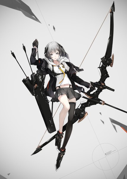 Anime picture 1000x1400 with original yucca-612 (neco) single tall image looking at viewer fringe short hair holding bent knee (knees) long sleeves parted lips head tilt pleated skirt arm up grey hair grey background open clothes open jacket bare belly from below