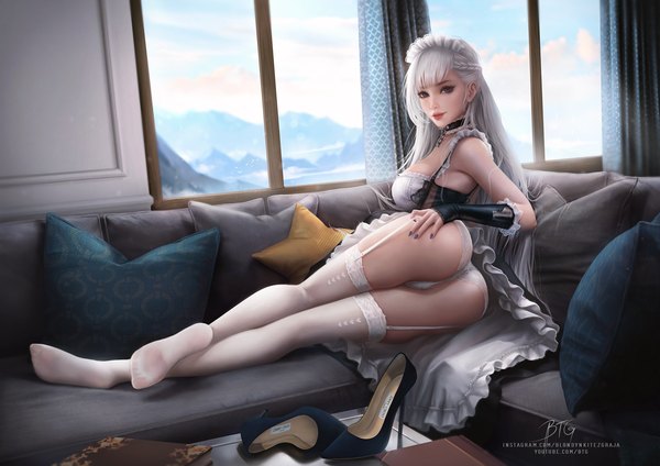 Anime picture 2048x1448 with azur lane belfast (azur lane) blondynkitezgraja single long hair looking at viewer blush fringe highres breasts light erotic large breasts sitting purple eyes signed sky cloud (clouds) full body ass white hair