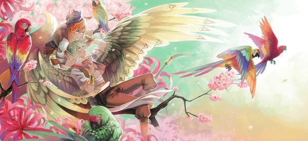 Anime picture 1563x716 with synpai short hair wide image sitting animal ears eyes closed animal tail green hair orange hair fox ears fox tail angel wings head wings shounen ai boy flower (flowers) bow animal petals wings
