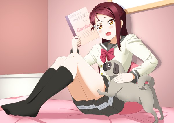 Anime picture 3508x2480 with love live! sunshine!! sunrise (studio) love live! sakurauchi riko daiz1213 single long hair looking at viewer blush highres open mouth smile holding yellow eyes absurdres full body bent knee (knees) red hair indoors pleated skirt