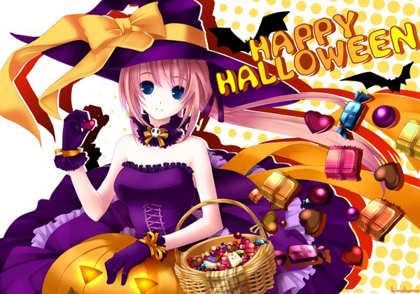 Anime picture 1280x896 with pangya hana yuuki kira blue eyes pink hair witch girl bow witch hat skull vegetables pumpkin