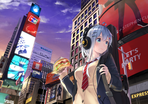 Anime picture 2546x1800 with original meso-meso single blush fringe highres short hair hair between eyes green eyes looking away sky silver hair cloud (clouds) ahoge light smile food on face real world location times square girl uniform