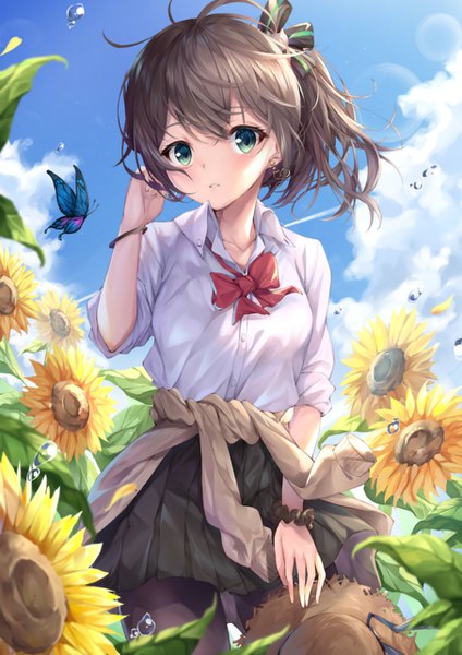 Anime picture 905x1280 with virtual youtuber hololive natsuiro matsuri matutoki nara05 single long hair tall image looking at viewer fringe hair between eyes brown hair standing green eyes payot sky cloud (clouds) ahoge outdoors parted lips head tilt