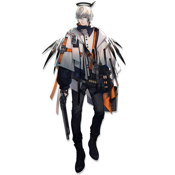 Anime picture 1024x1024 with arknights executor (arknights) skade single fringe short hair blue eyes hair between eyes standing silver hair full body official art transparent background boy weapon wings gun halo bag