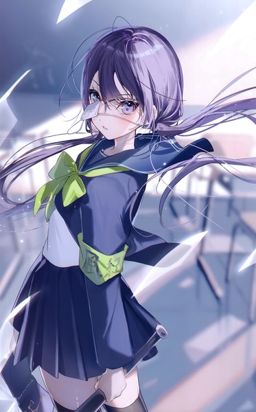 Anime picture 1871x3008 with original miwano rag single long hair tall image looking at viewer fringe highres hair between eyes standing purple eyes twintails holding purple hair indoors pleated skirt wind scan depth of field zettai ryouiki