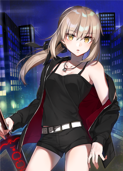 Anime picture 800x1111 with fate (series) fate/grand order fate/stay night artoria pendragon (all) saber saber alter shirako miso single long hair tall image looking at viewer fringe blonde hair hair between eyes standing bare shoulders holding yellow eyes payot sky