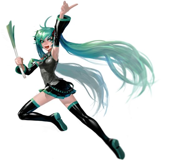 Anime picture 3860x3325 with vocaloid hatsune miku modare single long hair fringe highres open mouth simple background smile hair between eyes white background twintails absurdres aqua eyes aqua hair arms up zettai ryouiki soles jumping