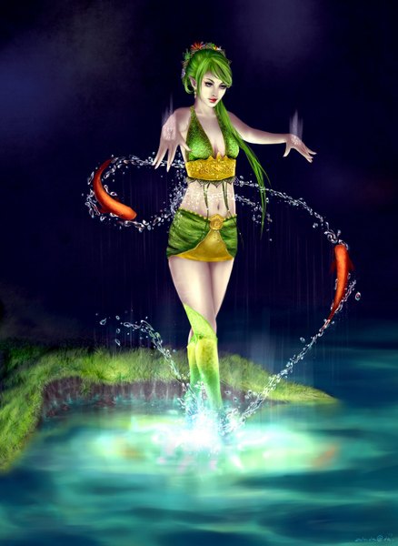 Anime picture 1280x1752 with zolaida (artist) single long hair tall image blue eyes green hair lips pointy ears realistic bare belly midriff sleeveless girl skirt navel earrings animal water fish (fishes)