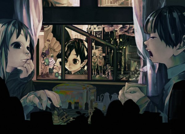 Anime picture 1854x1350 with original gonzaresurokki highres short hair open mouth black hair nail polish grey hair city girl boy window cup chess
