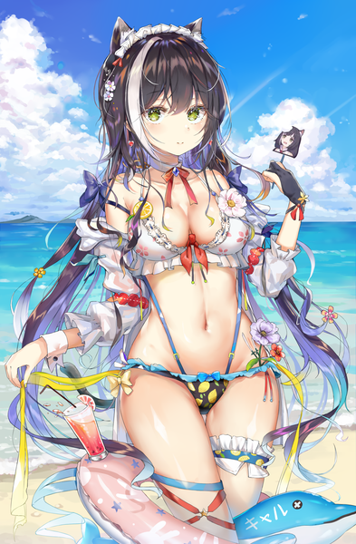 Anime picture 1766x2696 with princess connect! re:dive princess connect! karyl (princess connect!) kiriko (araragikoyomi) single tall image looking at viewer blush fringe highres breasts light erotic black hair hair between eyes large breasts standing bare shoulders holding green eyes animal ears