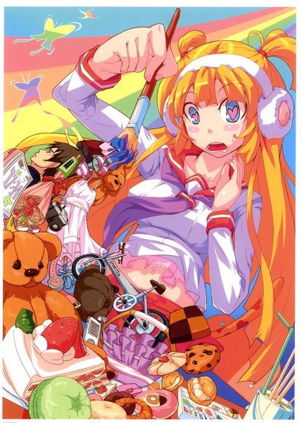 Anime picture 2202x3079 with original hiropon pj (artist) single long hair tall image looking at viewer highres open mouth blue eyes twintails orange hair girl boy flower (flowers) food sweets headphones toy stuffed animal ground vehicle