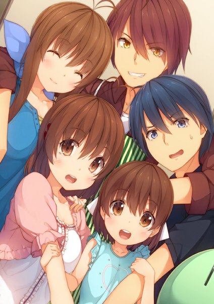 Anime picture 707x1000 with clannad key (studio) furukawa nagisa okazaki ushio okazaki tomoya furukawa sanae furukawa akio siva (executor) long hair tall image blush short hair open mouth blue eyes smile brown hair multiple girls brown eyes blue hair loli