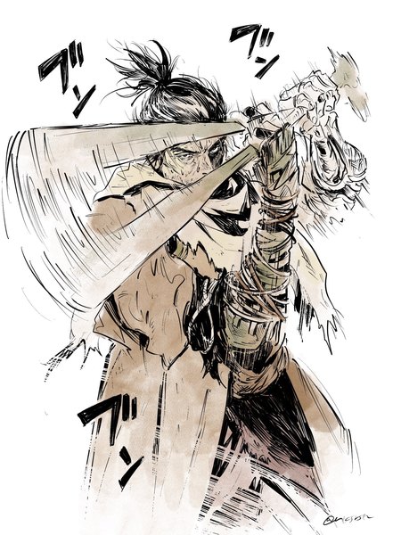 Anime picture 1536x2048 with sekiro: shadows die twice from software sekiro fune (nkjrs12) single tall image looking at viewer short hair black hair simple background white background holding signed traditional clothes japanese clothes fighting stance boy armor vambraces