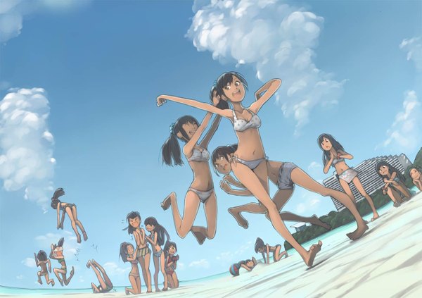 Anime picture 1360x960 with akimbo (artist) long hair open mouth black hair smile sitting multiple girls sky cloud (clouds) ponytail lying eyes closed barefoot beach kneeling group on stomach 6+ girls jumping sand
