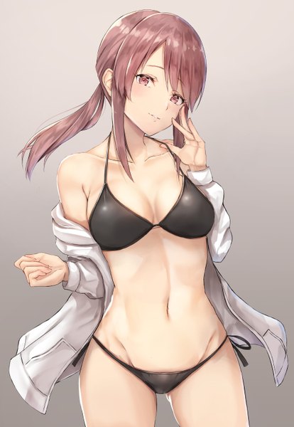 Anime picture 1000x1448 with idolmaster idolmaster cinderella girls mifune miyu irohakaede single long hair tall image fringe breasts light erotic simple background brown hair standing bare shoulders brown eyes payot ponytail head tilt light smile off shoulder