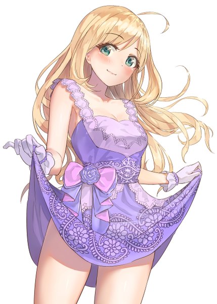 Anime picture 885x1238 with idolmaster idolmaster cinderella girls satou shin shoukichi (shony) single long hair tall image looking at viewer blush fringe breasts light erotic simple background blonde hair smile white background holding cleavage ahoge head tilt