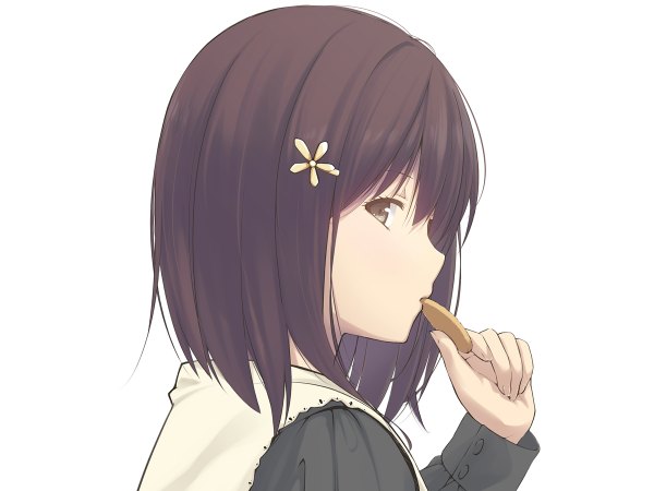 Anime picture 1200x900 with original nanaku teiru single looking at viewer fringe short hair black hair simple background white background brown eyes profile girl hair ornament hairclip cookie (cookies)