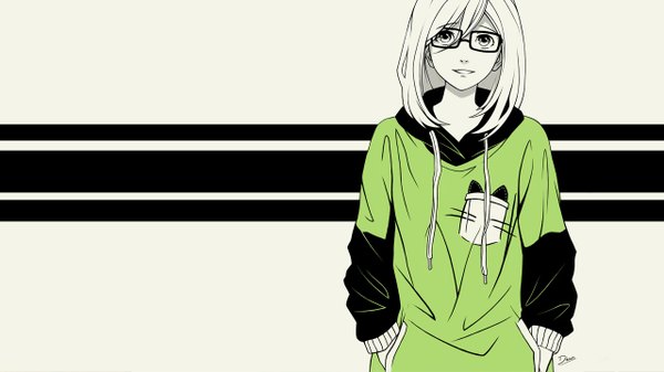 Anime picture 1280x720 with original dzun single long hair looking at viewer fringe simple background smile wide image signed white hair long sleeves monochrome hands in pockets girl
