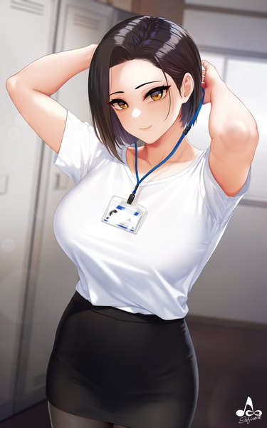 Anime picture 2500x4000 with original yashiki yuuko infinote single tall image looking at viewer highres short hair breasts black hair smile large breasts standing signed yellow eyes indoors blurry arms up short sleeves depth of field