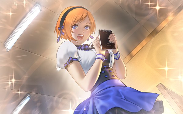 Anime picture 2400x1500 with love convention enako mawa setiawan single looking at viewer highres short hair open mouth blue eyes blonde hair smile game cg sparkle from below short sleeves puffy sleeves lipstick double buttons waitress girl