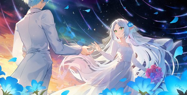 Anime picture 1500x762 with sousou no frieren frieren himmel (sousou no frieren) cat princess short hair smile wide image green eyes blue hair looking away silver hair very long hair hair flower pointy ears from behind couple elf outstretched hand girl dress