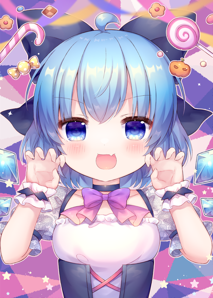 Anime picture 1000x1399 with touhou cirno pjrmhm coa single tall image looking at viewer blush fringe short hair open mouth blue eyes hair between eyes blue hair upper body :d halloween claw pose checkerboard cookie girl bow