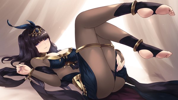 Anime picture 1920x1080 with fire emblem fire emblem awakening nintendo sarja cait single long hair looking at viewer fringe highres breasts blue eyes light erotic black hair wide image large breasts full body bent knee (knees) lying blunt bangs