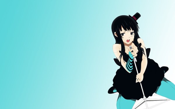 Anime picture 1280x800 with k-on! kyoto animation akiyama mio mizuki makoto single long hair looking at viewer open mouth black hair simple background wide image sitting wallpaper wariza third-party edit singing aqua background extended don't say "lazy" girl