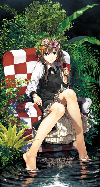 Anime picture 1067x2000 with original luna (reclaimed land) single long hair tall image looking at viewer blue eyes brown hair sitting girl dress plant (plants) wreath