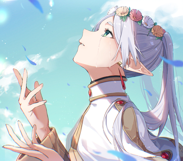 Anime picture 3540x3115 with sousou no frieren frieren rinzawa single long hair highres twintails green eyes absurdres sky silver hair cloud (clouds) upper body outdoors parted lips profile hair flower pointy ears tears looking up