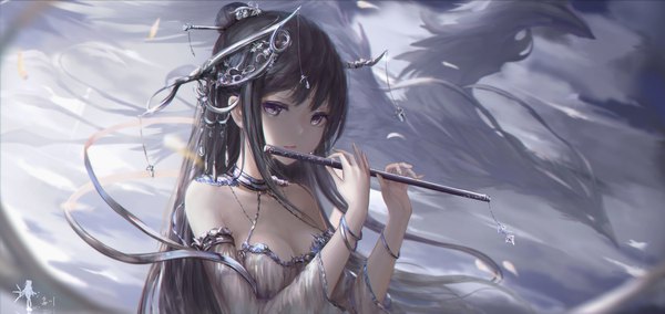 Anime picture 2250x1066 with original wangchuan de quanyan single long hair looking at viewer fringe highres breasts black hair wide image purple eyes bare shoulders payot cleavage upper body hair bun (hair buns) depth of field fantasy forehead mark playing instrument