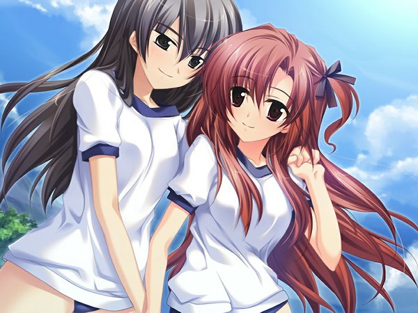 Anime picture 1024x768 with sakura no shippo (game) long hair black hair smile red eyes multiple girls game cg sky cloud (clouds) red hair black eyes sunlight one side up holding hands girl uniform 2 girls gym uniform