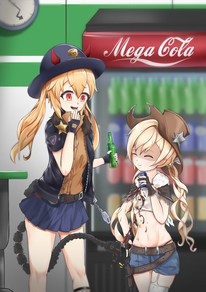 Anime picture 2480x3508 with girls frontline m870 (girls frontline) colt m1873 (girls frontline) cloud tombstone long hair tall image fringe highres open mouth blonde hair smile hair between eyes red eyes standing twintails multiple girls holding looking away tail eyes closed