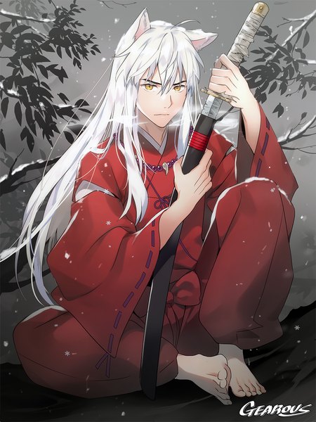 Anime picture 1000x1333 with inuyasha inuyasha (character) gearous single long hair tall image looking at viewer fringe hair between eyes sitting holding signed animal ears yellow eyes full body ahoge bent knee (knees) white hair traditional clothes japanese clothes
