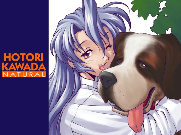 Anime picture 1024x768 with long hair red eyes blue hair one eye closed wink wallpaper hug dog kawada hotori