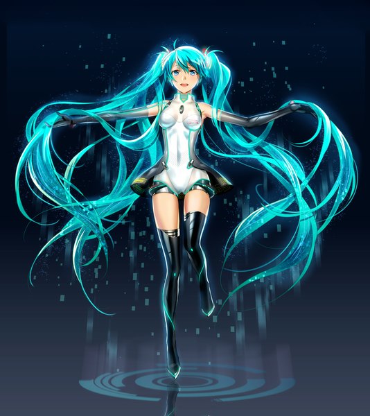 Anime picture 891x1000 with vocaloid hatsune miku murakami yuichi single tall image looking at viewer open mouth blue eyes twintails very long hair aqua hair girl gloves elbow gloves thigh boots bodysuit