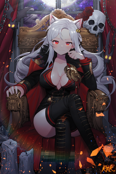 Anime picture 3000x4500 with blade & soul kuang (kzhw7588) single long hair tall image looking at viewer fringe highres breasts light erotic red eyes large breasts sitting animal ears cleavage silver hair cat ears sparkle crossed legs glowing