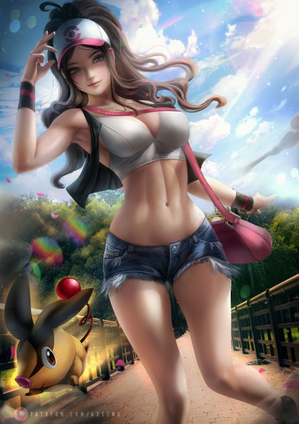 Anime picture 3532x5000 with pokemon pokemon black and white nintendo hilda (pokemon) tepig axsen single long hair tall image looking at viewer blush fringe highres breasts blue eyes light erotic smile brown hair large breasts standing